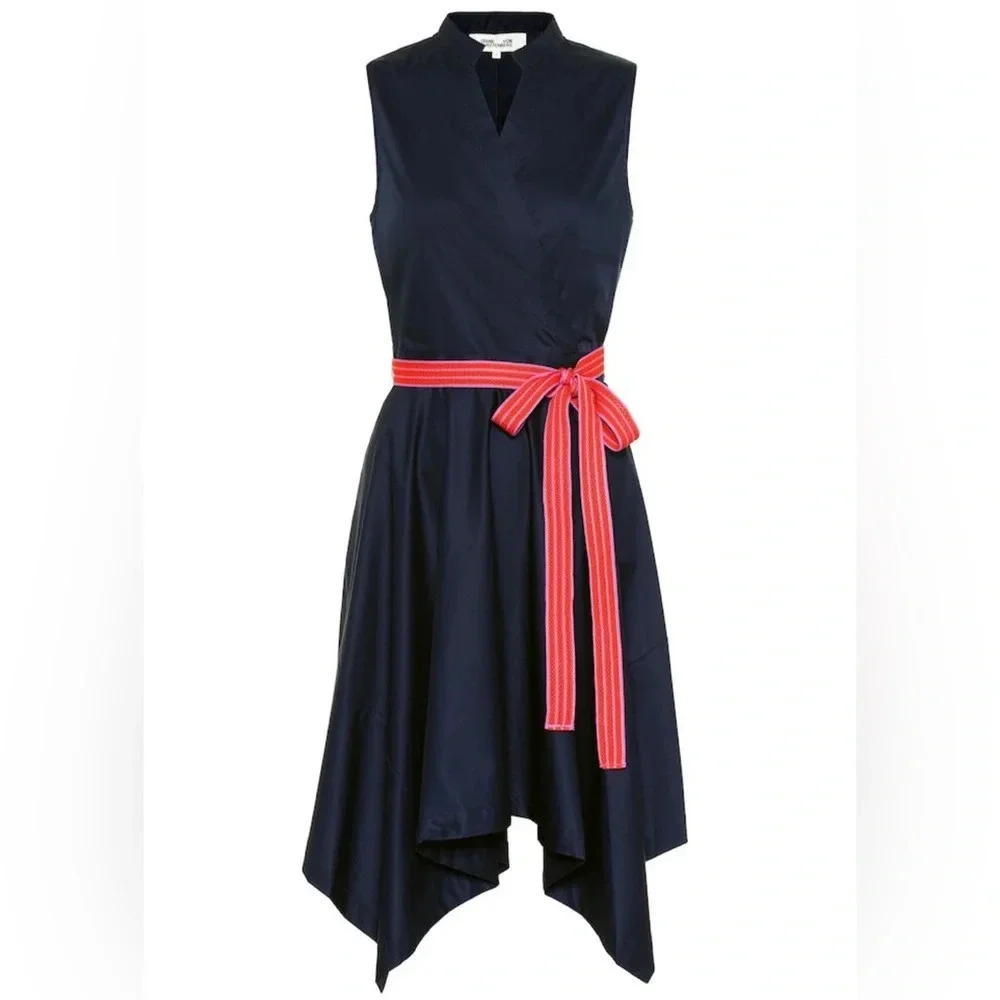 NWT Diane Von Furstenberg DVF Marlene Cotton Poplin Asymmetric Hem Dress Navy M - Picture 2 of 11